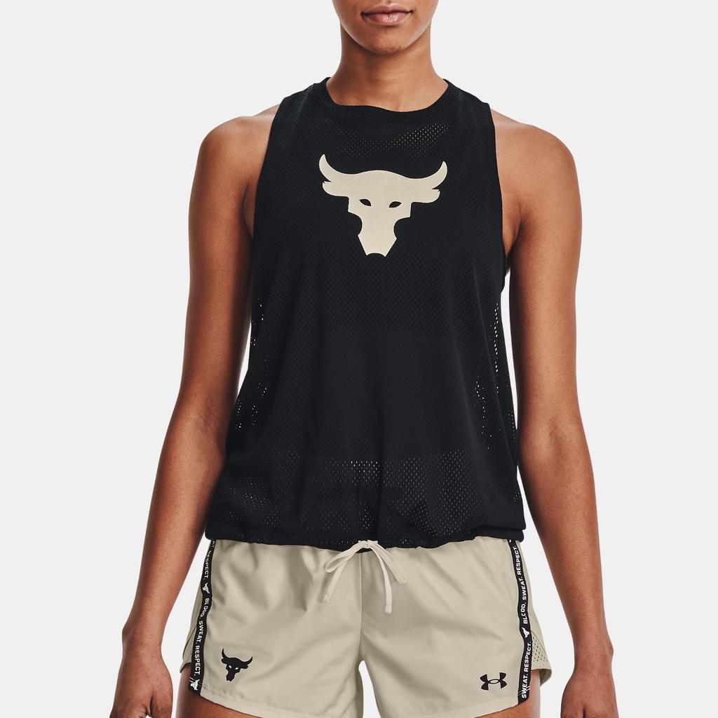 Under Armour Project Rock Animal Print Sleeveless Mesh Crew Neck Sports Tank Women Tops Black 1369968-001