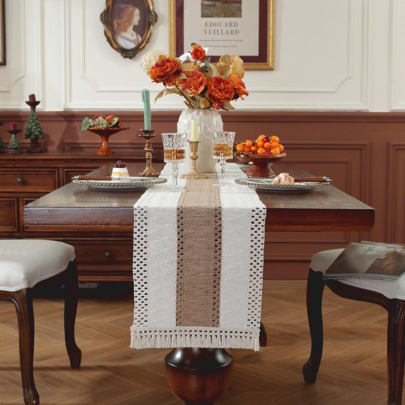 Boho Farmhouse Linen Table Runner–Rustic Macrame with Tassels,Burlap&Cotton Blend for Baby Shower Home Decor and Holiday Events