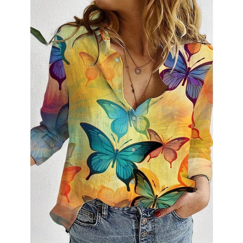 

Европейская и американская женская рубашка с цифровой печатью бабочек и цветов, с воротником-лацканами, в городском стиле, с длинным рукавом, на пуговицах S жёлтый