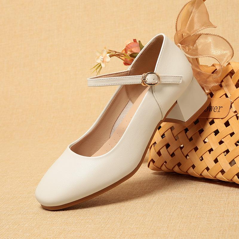 One-Line Button Work Shoes Black Workwear Upper Interview Commuter Single Shoes Thick Heel Women's Leather Shoes Comfortable