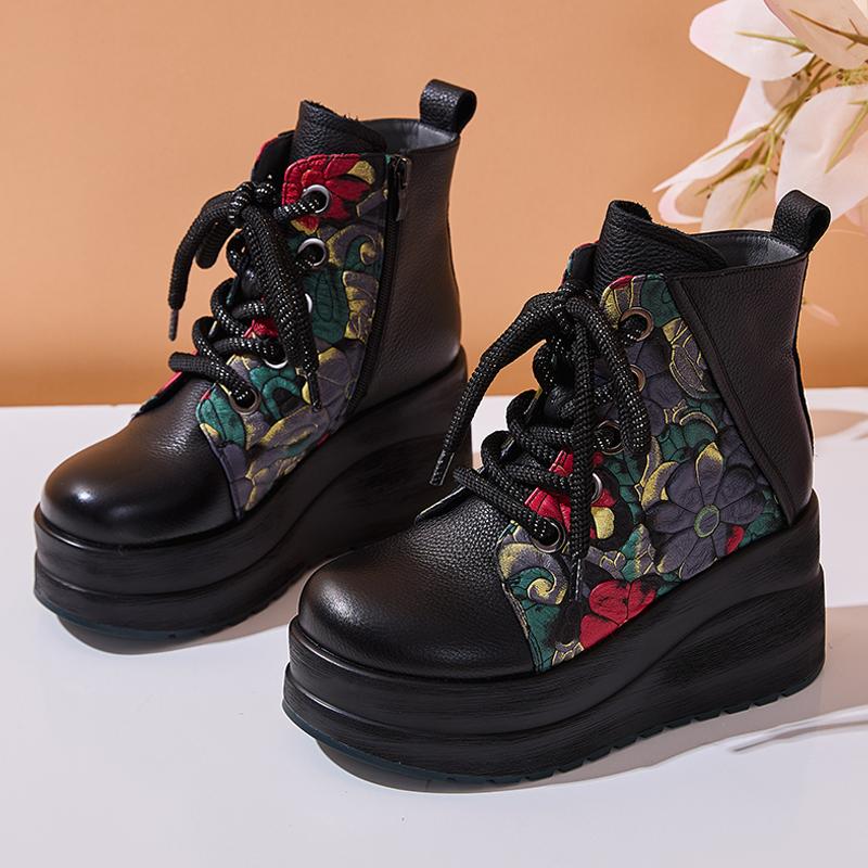 

Модные женские ботильоны GKTINOO ручной работы из натуральной кожи с круглым носком, в стиле ретро, на толстой подошве-клине, с принтом на платформе и высоком каблуке 250