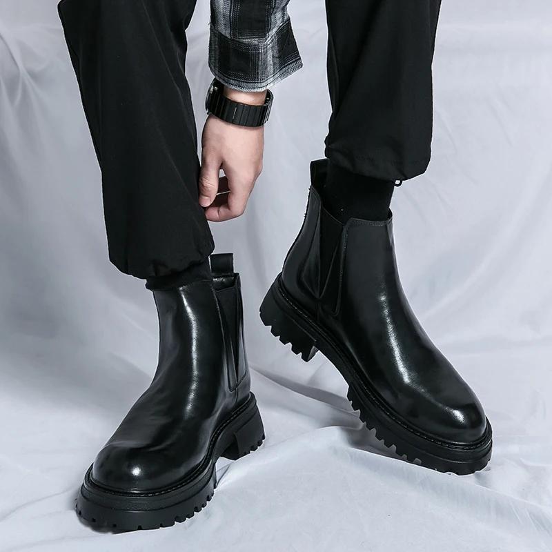 Pánské luxusní kvalitní kotníkové boty s kulatou špičkou, pánské nazouvací platformové Chelsea boty, kožené boty na silné podrážce, módní streetwear
