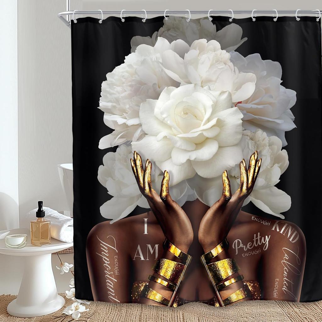 African American Shower Curtain, Black Gold Peony Floral, Modern Girly Quotes, Waterproof Polyester with Hooks