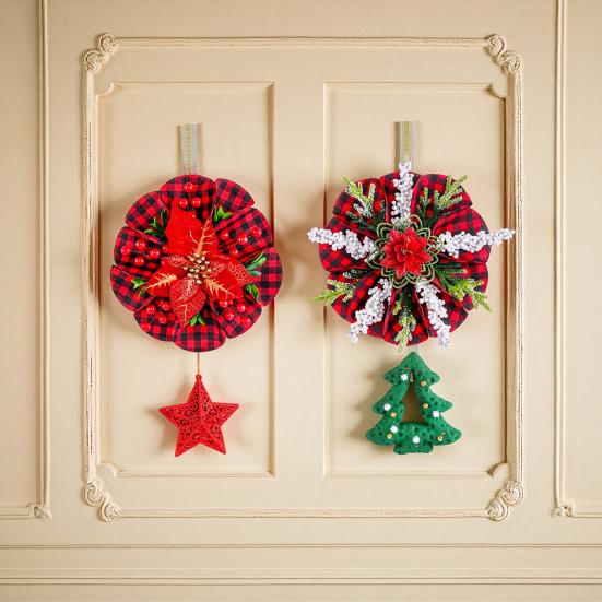 Christmas Wreath Decoration Red Artificial Poinsettias Buffalo Plaid Wreath with Star/Tree Ornament for Wall Window Porch Door Indoor Outdoor Decor