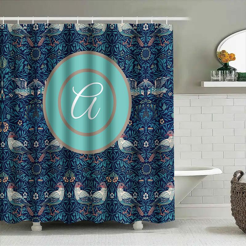 Vintage Blue Floral Shower Curtain With Monogram For Bathroom Decor Printed Fabric, Waterproof Bath Mat Set In Various Sizes
