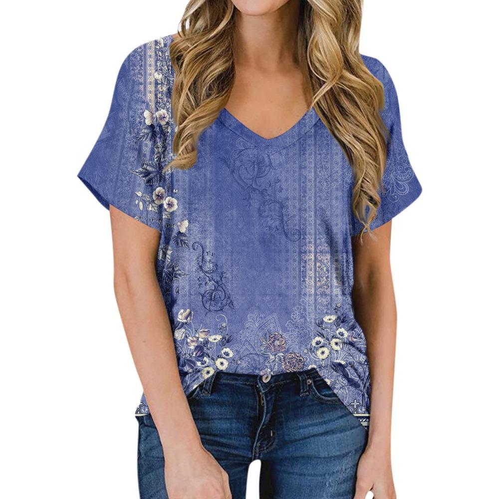 Women's Summer Casual T-shirt 2025 Fashion Retro Printing Harajuku Blouse T-shirt Street Short-sleeved V-neck Blouse