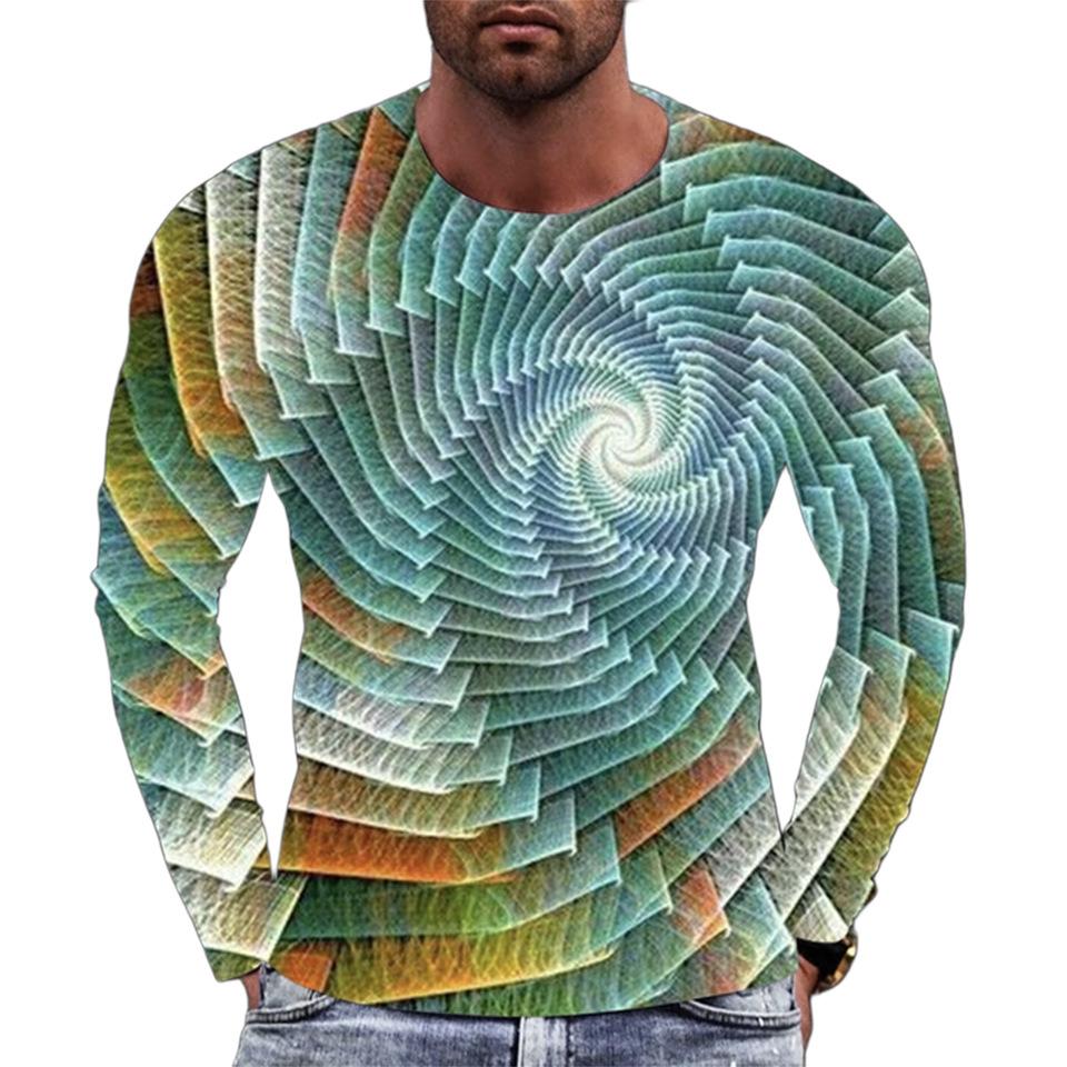 Geometric Pattern 3D Printed Men's T-shirts Street Casual Long Sleeved T-shirt Round Neck Pullover Top