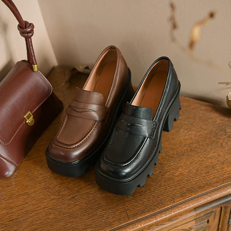 Fashion 2025 New Spring Genuine Leather Slip-On Platform Shoes Casual Loafers Round Toe Shoes Woman Flat Platform High Heel Women Shoes