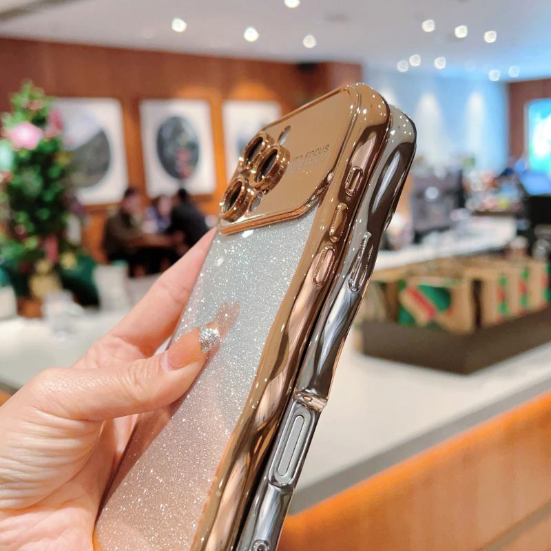 For iPhone 16 Pro Max Case with Strap Electroplating TPU Phone Cover Love Heart Gradient Glitter