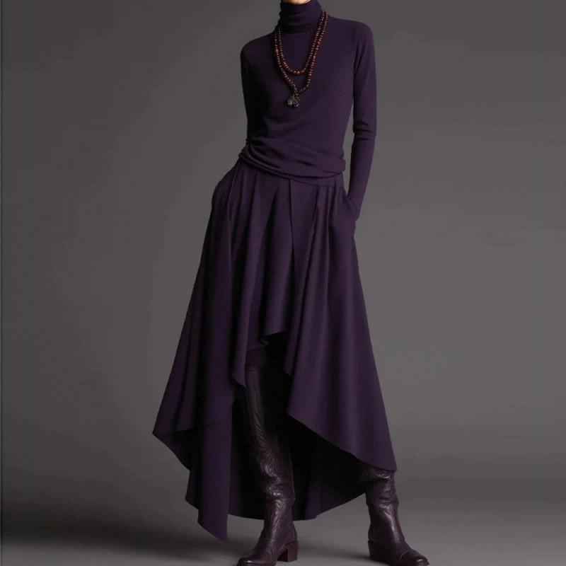 Women's Clothing Has Waist In Irregular Long-sleeved Stand-collar Bottomed Shirt With Half-length Long Skirt