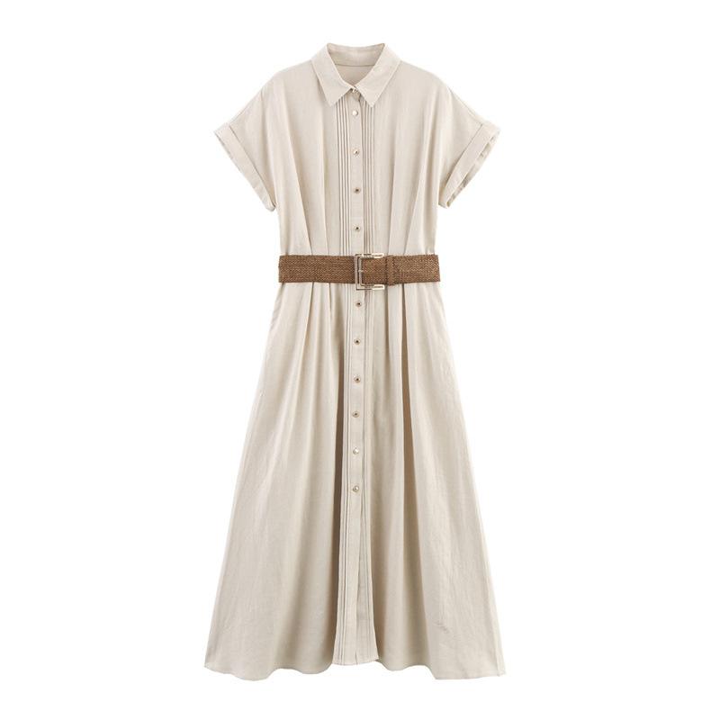Women's Turn Down Collar Short Sleeve Midi Dress Loose Fit Mid Rise Linen Blend Shirt Dress With Matching Belt