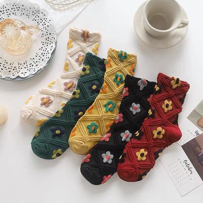 Breathable Floral Cotton Mid-Calf Women's Socks - Stylish Embroidered Japanese Academy Trend