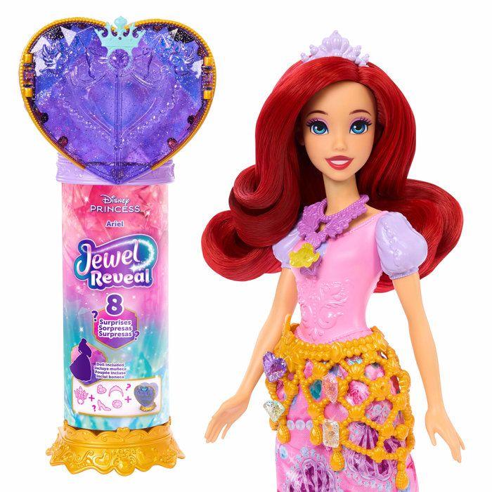 Poupée Jewel Reveal Ariel, Accessoires avec 8 surprises, 1 boîte a bijoux en forme de coeur, 1 bague pour enfant et 9 éléments, JHL49