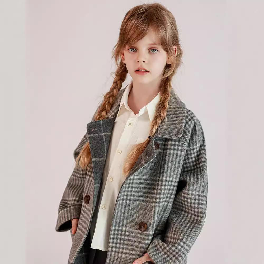Girls Double-faced Wool Plaid Coat Autumn and Winter Coat Full Wool Thick Medium Length