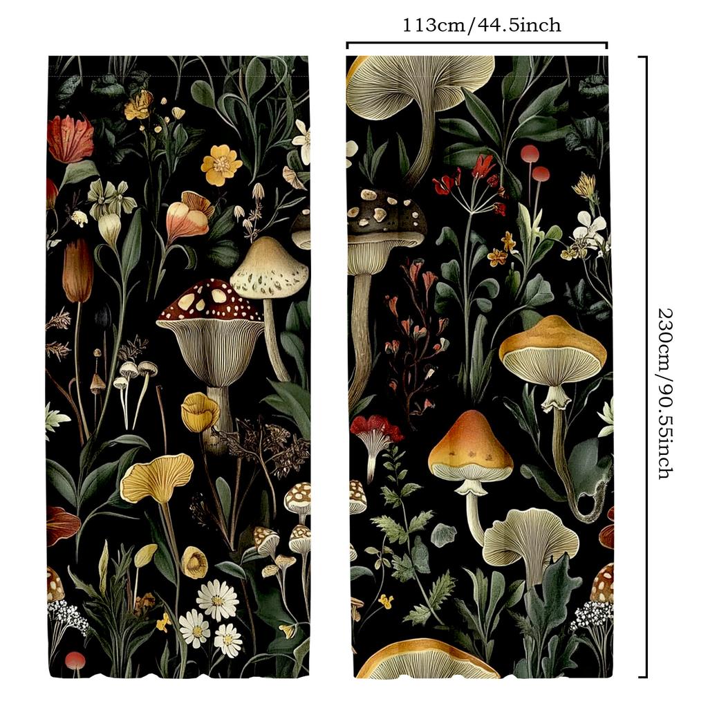 2pcs Classic Polyester Mushroom and Moth Curtains   Retro Forest Pattern Drapes for Bedroom   52x84 Inches   Nature-Inspired Home D
