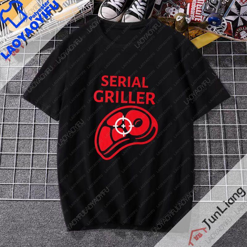 Serial Griller Lustiges BBQ Grafik T-Shirt Retro Grill-Liebhaber Streetwear Tee Grillen für Unisex Damen Sommer Kurzarm-T-Shirt