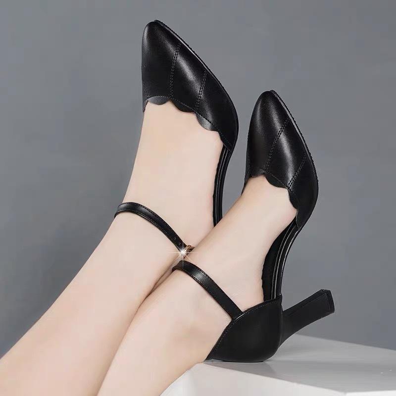 2024 High-heeled Solid Color Sandals Female Fairy Style Summer New Baotou One-word Buckle Thick Heel Ladies Comfortable Shoes
