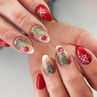 Weihnachtsparty Aufdrücknägel Grünblätter Muster Kurze Quadratische Falschnägel mit Glitzerdesign Party Maniküre Set