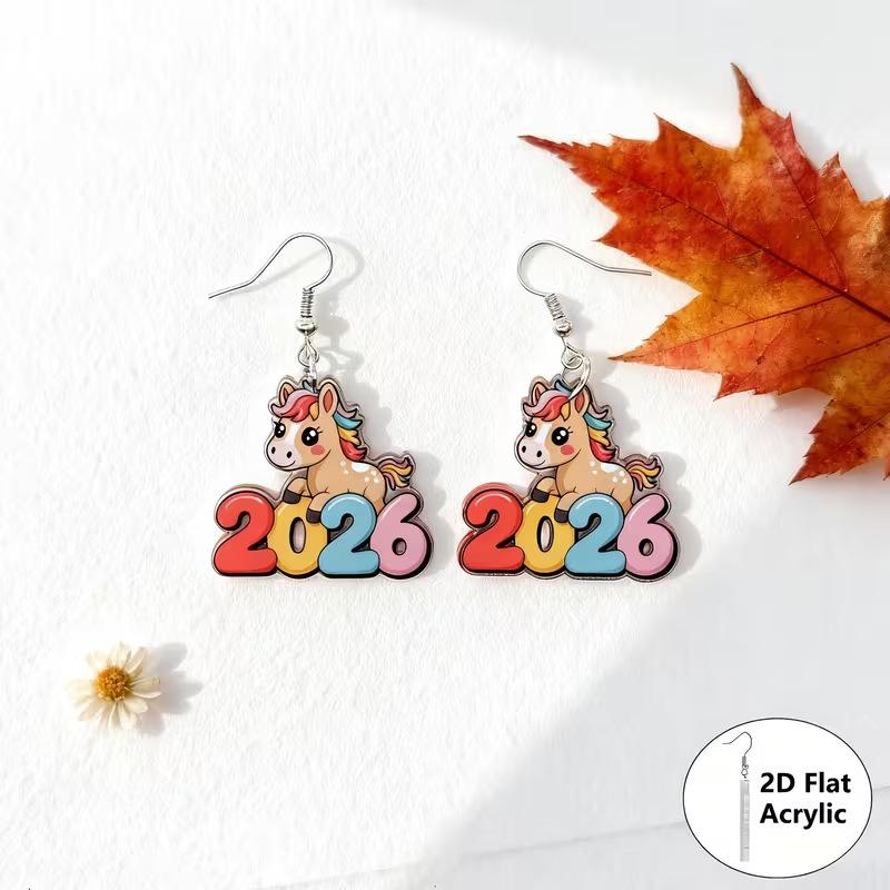 Cross-border new 2026 happy new year of the horse pony earrings 2D acrylic cute cartoon colored horse earrings