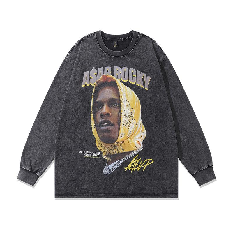 American Hip-Hop Portrait Direct Injection Printing Long-Sleeved T-Shirt Autumn Retro Crew Neck Sweater For Men And Women