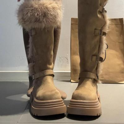 Fashion Velvet Thickened Belt Buckle But Knee Snow Boots Women's Autumn and Winter Retro Thick-soled Warm High Fashion Boots