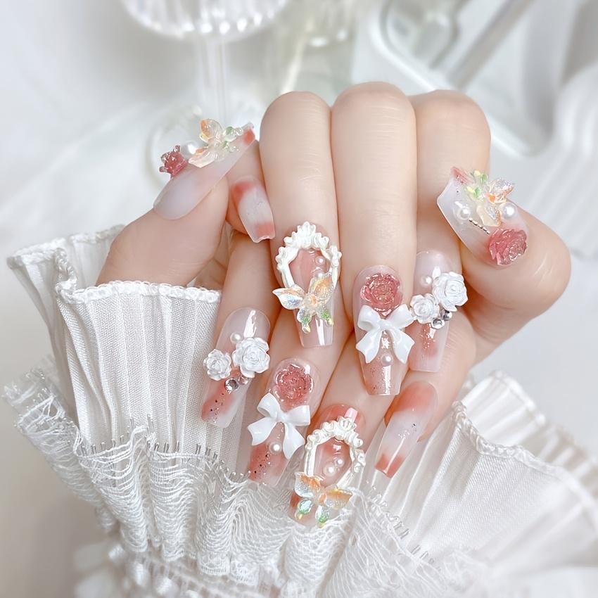 1PC Pink Dream Princess Gradual Change Smudge Flower Bow Handmade Gel Nail Patch