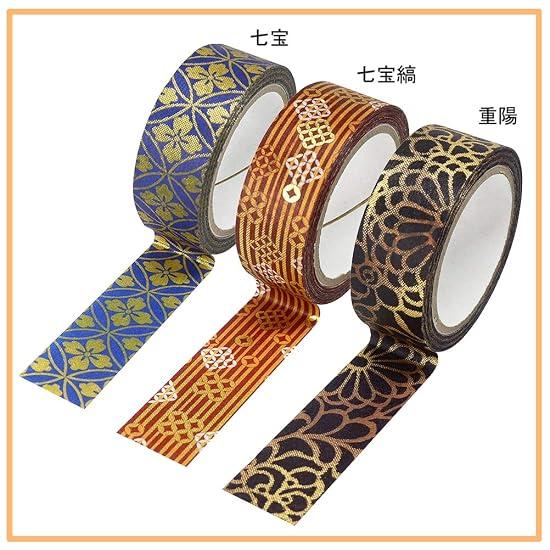 Kamiiso Sansho Made in Japan Washi Masking Tape, kimono-bi 3-Roll Set (Choyo, Shippo-jima, Shippo), 