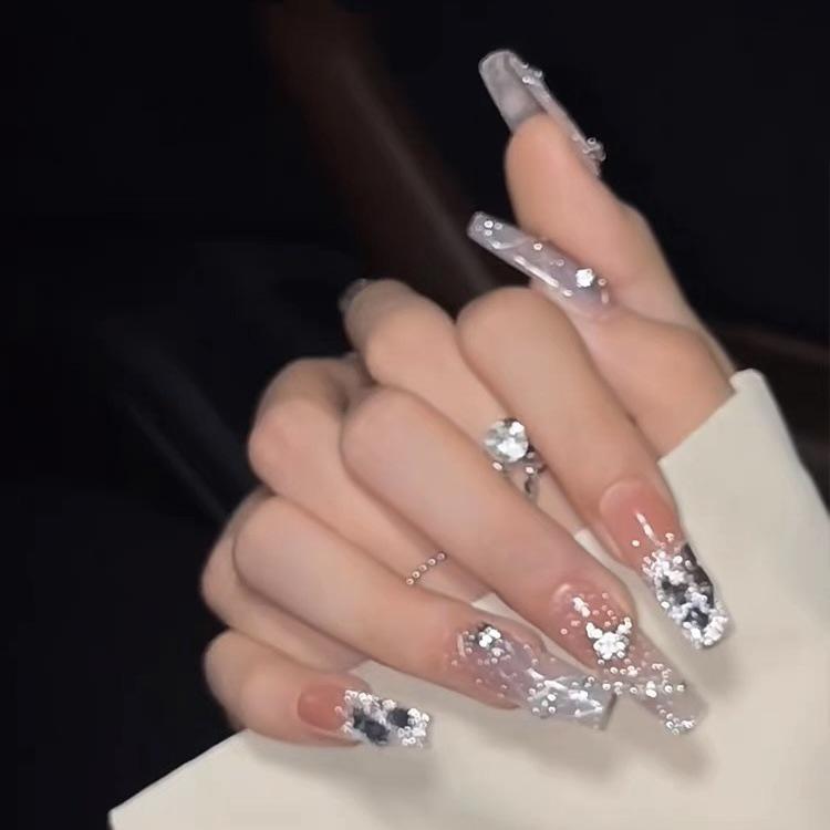 100% HANDMADE Coffin Shaped Fake Nail Set With Glue Art Flashing Starry 3D Butterfly Ribbon Nude Color Pearl Chain Princess Gentle Nails Reusable