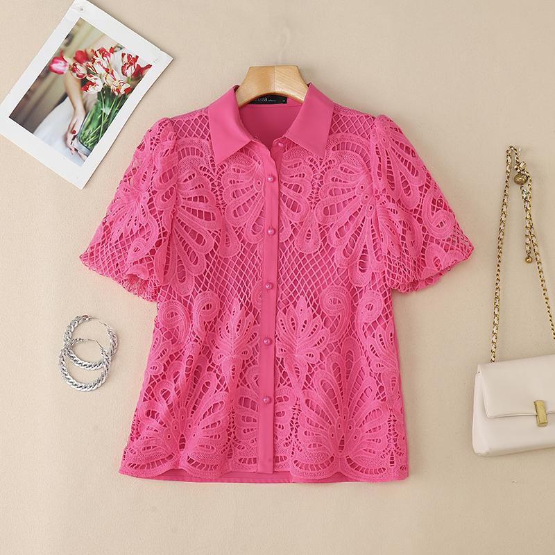 

ZANZEA Женская блузка с отложным воротником, коротким рукавом, ажурной вставкой в технике пэчворк 3XL темно-розовый