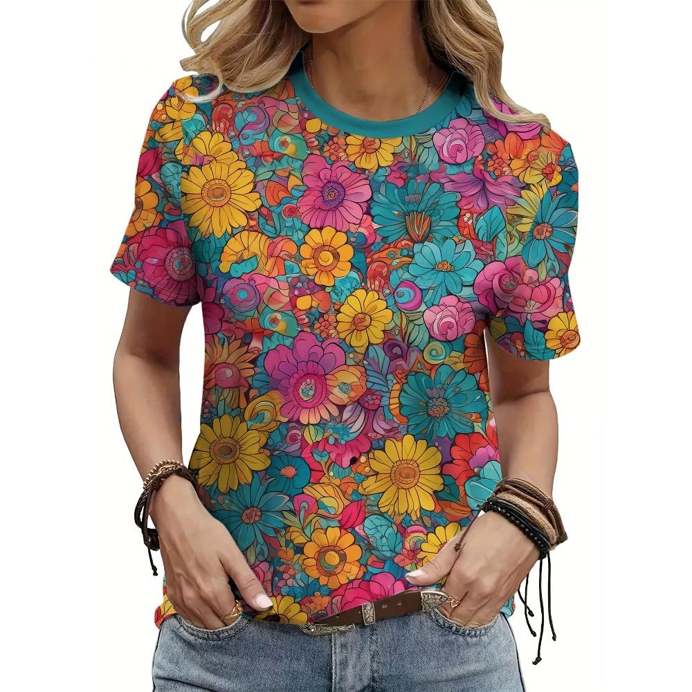 Summer Colorful Floral Flower T-Shirts 3D Print Women's O-Neck Short Sleeve T Shirt Harajuku Top Y2k Casual Tees Female Clothing