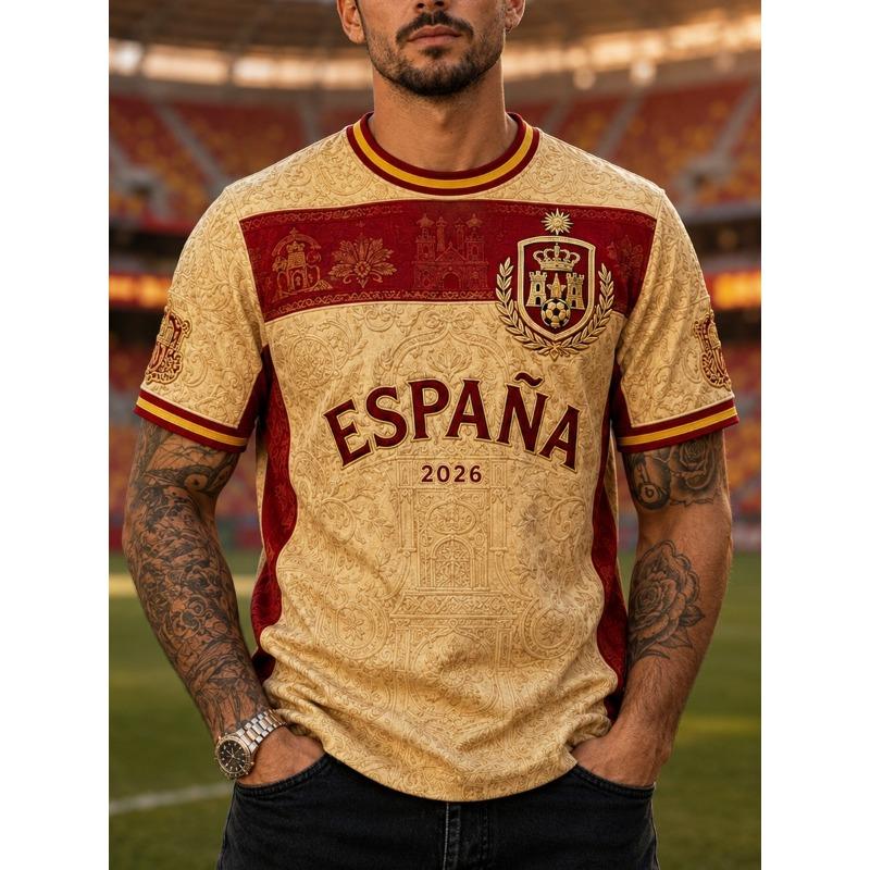 Bandiera Squadra Nazionale Spagnola 2026, Maglia da Calcio per Tifosi, Leone Retro 3D Asciugatura Rapida Sportivo Casual Top da Uomo Maglietta