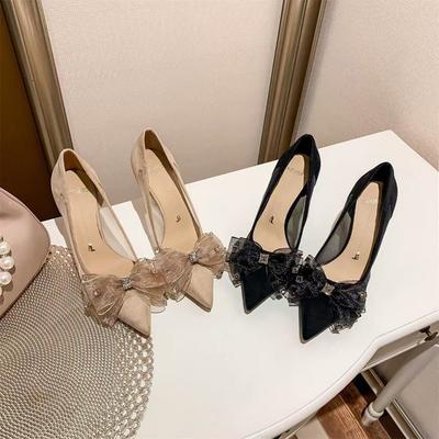 Fio Mesh com Nó Salto Fino Salto Alto Sapatos Femininos Primavera & Verão Novo Bico Fino Boca Rasa Sapato Único Feminino