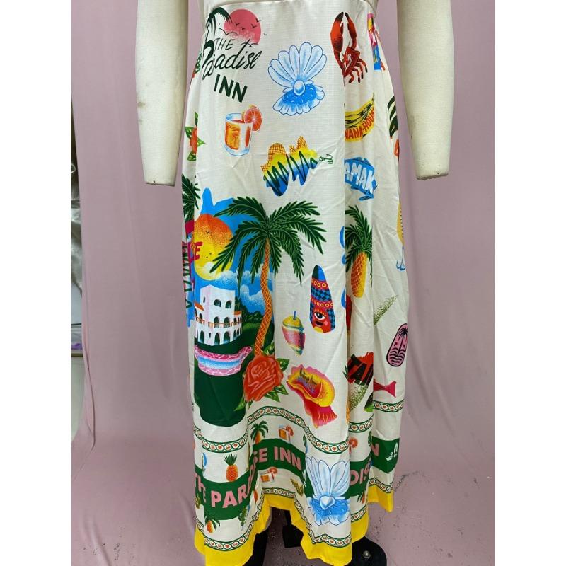 Vestidos Halter de Verão Femininos com Estampa Grafite e Sem Mangas e Bainha Grande