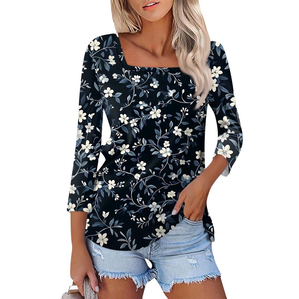 Shirt For Women's Fashion Casual Square Neck 3/4 Sleeve Loose Printed T-Shirt Ladies Top