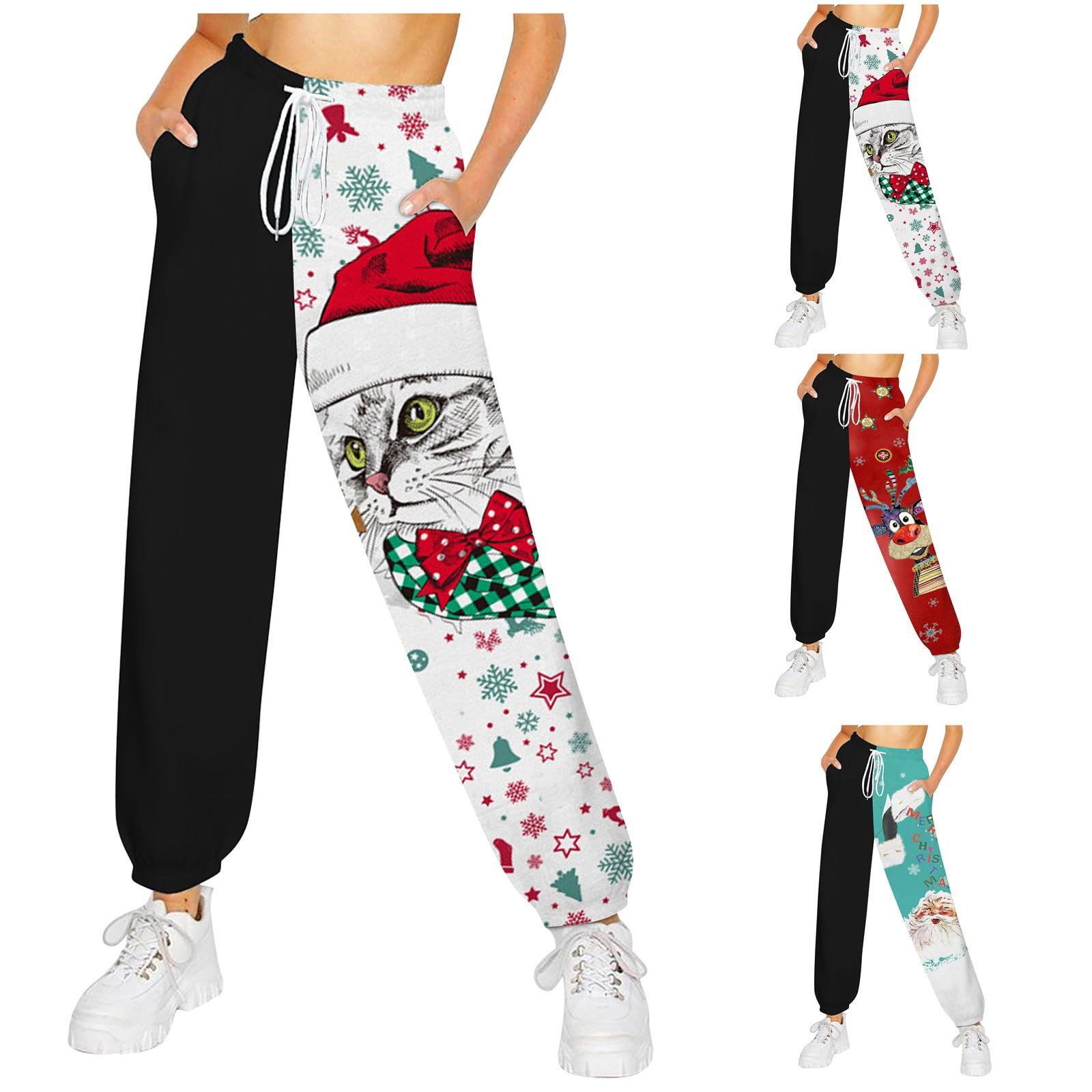 

Модные повседневные женские свободные брюки с рождественским принтом и швами
