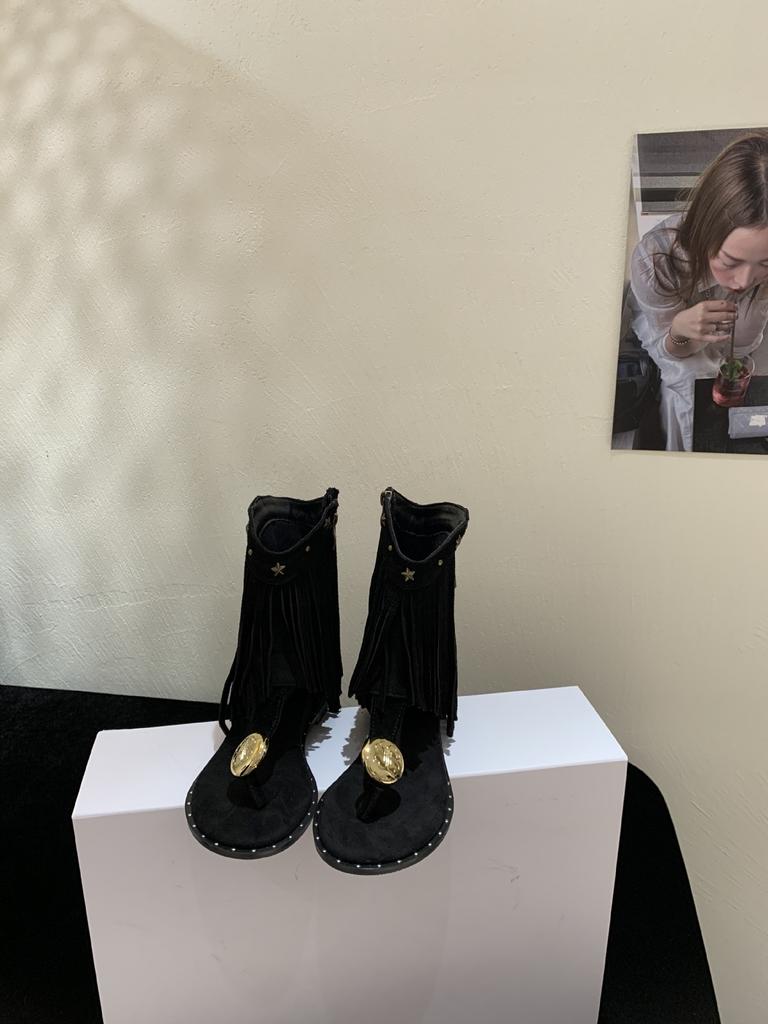 2025 Summer Korean Version of Toe Suede New Women's Sandals Rivet Tassel Side Zipper Inner Height Increase Cool Boots