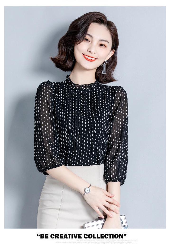 2026 Plus Size Polka Dot Ruffled Chiffon Blouse - Mid-Sleeve & Stylish