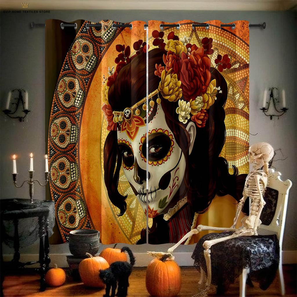Blackout Curtains 3D Printed Floral Skull Print Curtains, Halloween, Gothic, Living Room, Dining Room, Holiday, Party Decoration