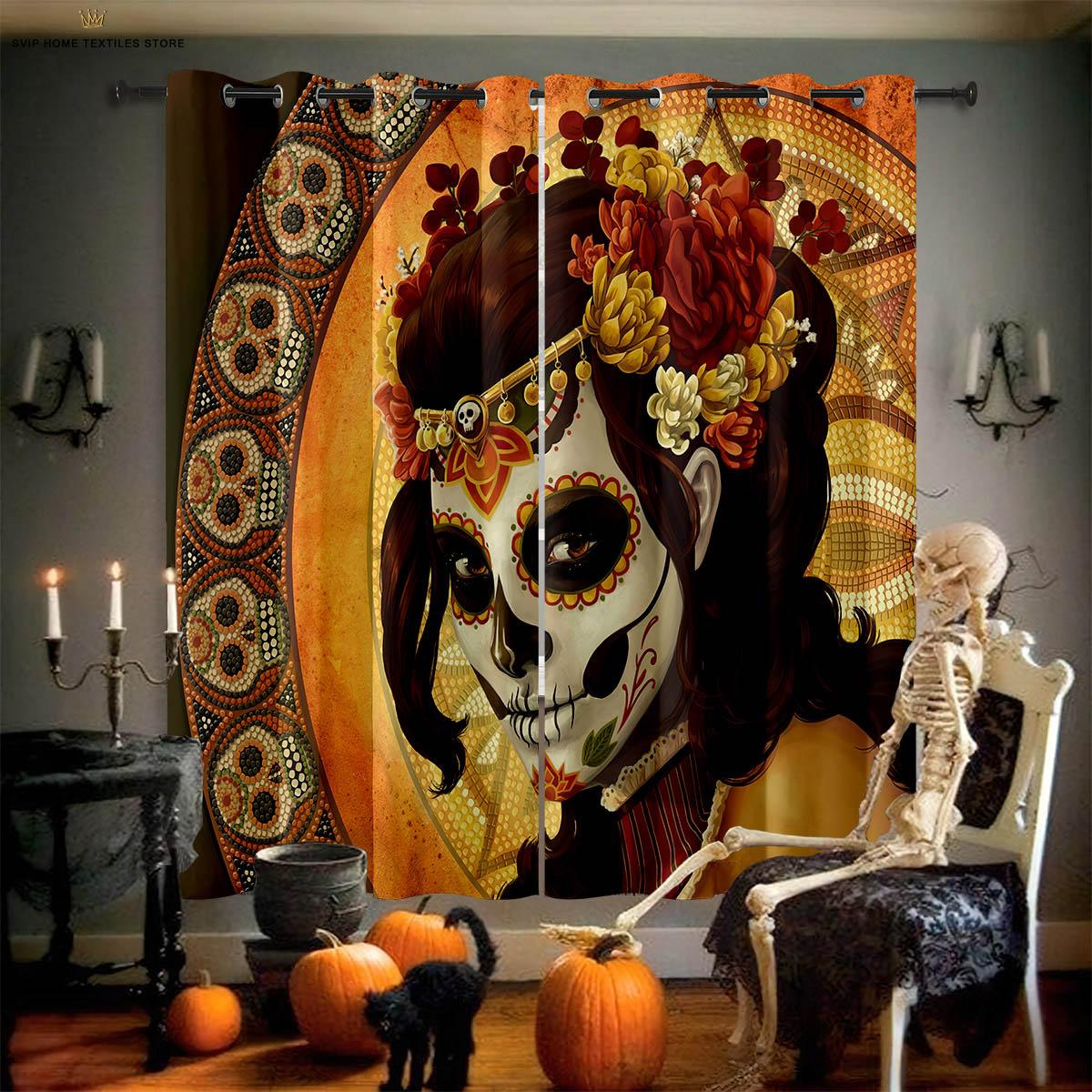 Light Blocking Window Curtains 3D Pattern Print Floral Pattern Skull Design Pattern Print Window Curtains, Halloween Theme, Gothic Style, Living W100xH130(CM) folio&Grommet Top