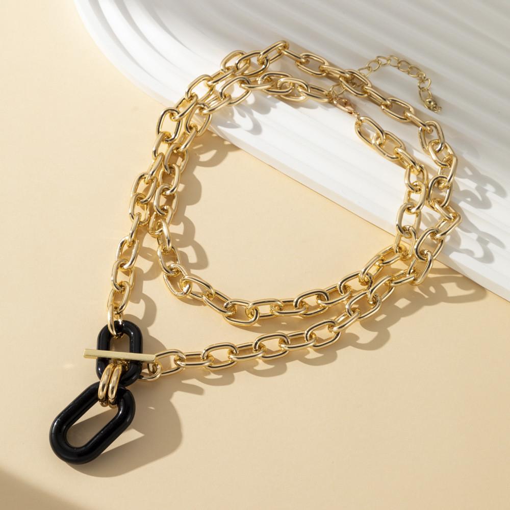 Layered Aluminum Stylish Chain Necklace With Geometric Metal Lock For Women