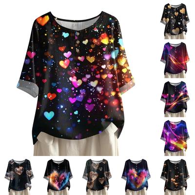 Women's Casual And Comfortable Mid-Length Round-Neck Fashion Print Cotton-Linen Top