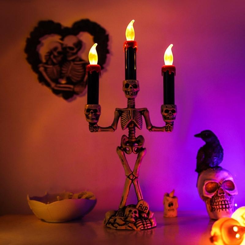 Skull Candelabra Halloween Decoration Skeleton Candlestick with Flameless Candle LED Light for Mantels Tabletop Porch