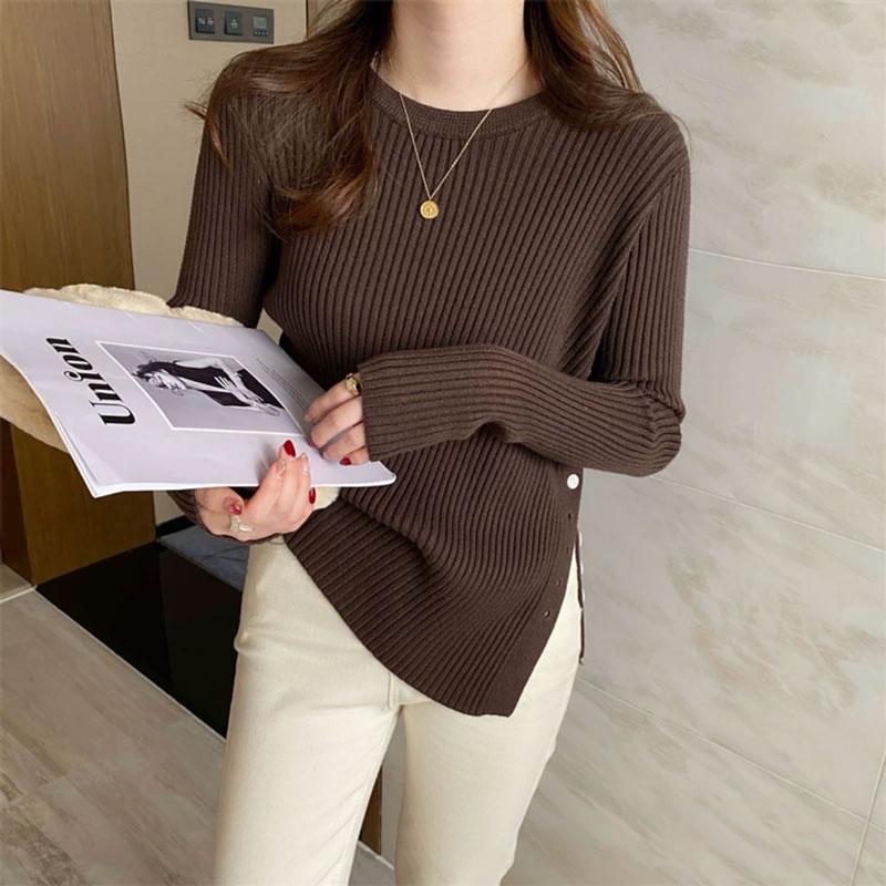 Móda Jednobarevné Pulovry Slim Fit Pletený svetr Ženy Dlouhý rukáv S výstřihem do O Ležérní Zimní Dámské Svetry Elegantní Knoflíky Dámské Svetry Pletené 25614
