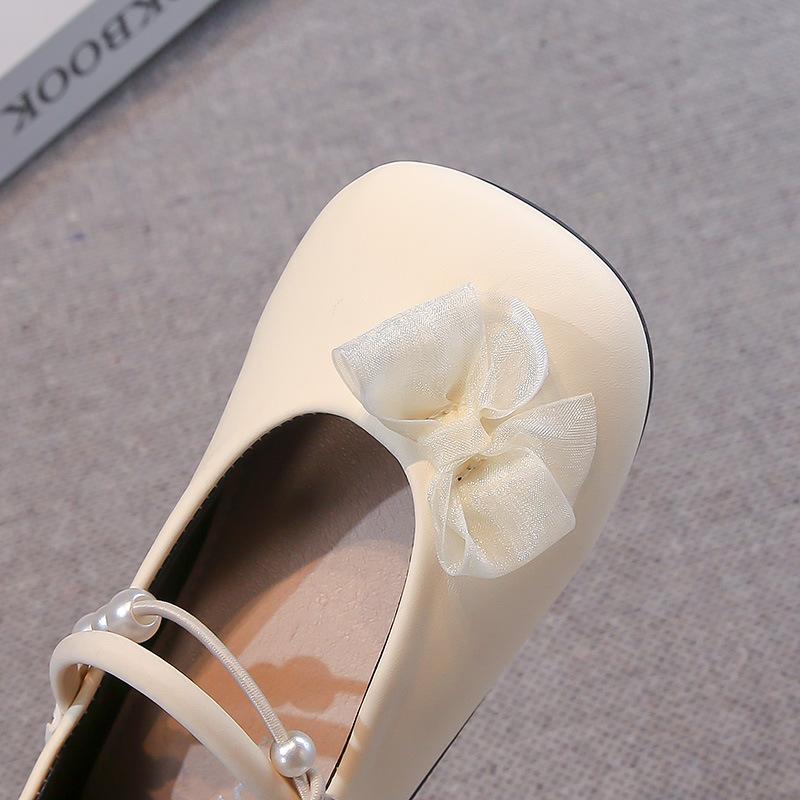 Kids Leather Shoes Mesh Lace Bow Girls Flat Shoes Soft Sole Non-slip 2025 Spring Autumn Children Princess Shoes Sweet Pearls Ins