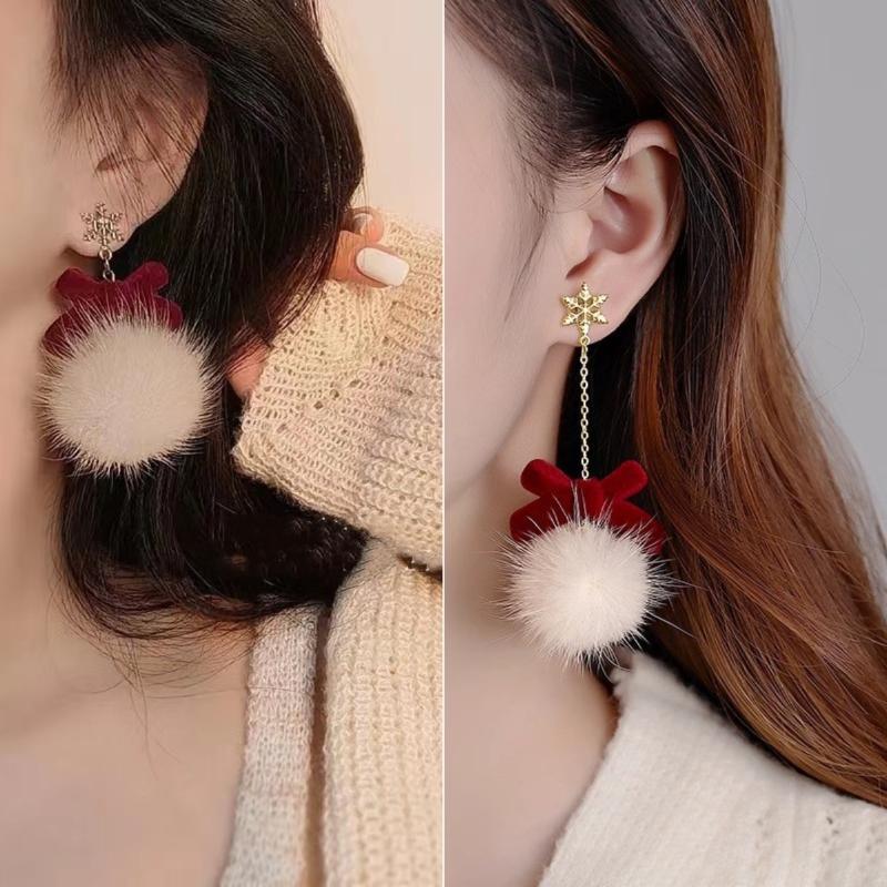 Boucles d'oreilles Pompon Mignon Nœud Flocon de Neige Peluche Noël Doux Bijoux de Mode Pour Femmes Filles Cadeaux Nouvel An