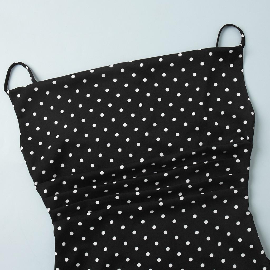 Summer New Polka Dot Halter Neck Tie Split Maxi Dress, Elegant Suspender Fishtail Long Dress for Women European American Style