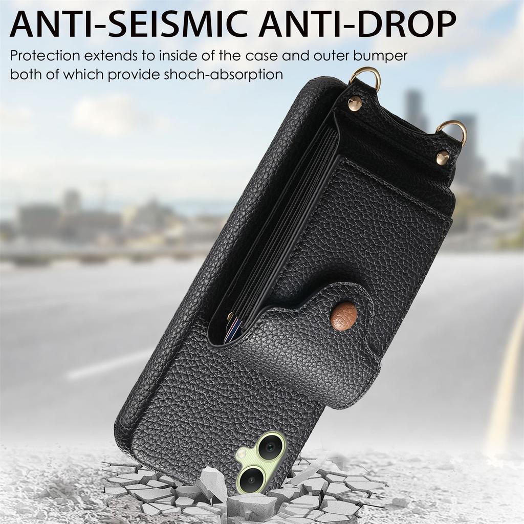 For Samsung Galaxy A06 5G/Galaxy A06 4G Case Mirror Card Holder Litchi Texture Leather Phone Back Cover with Long Strap