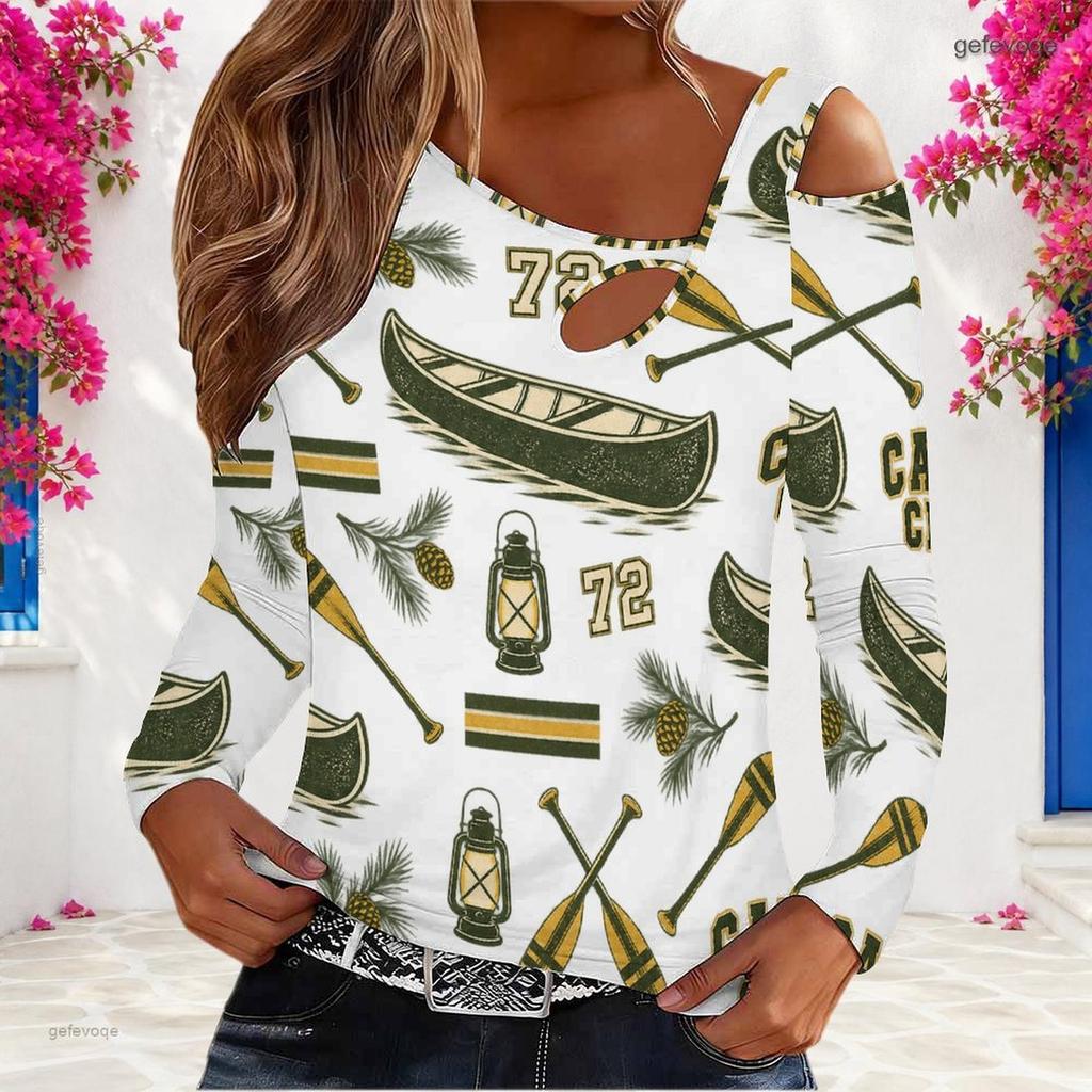 Women Plus Size Asymmetric Cutout Neck Cold Shoulder Long Sleeve Camping Printed Top