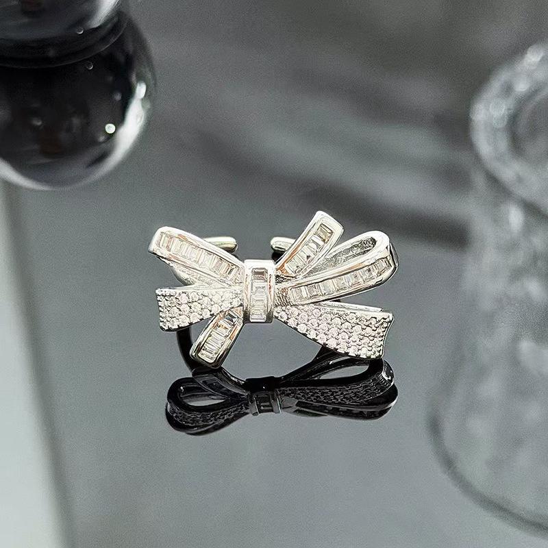 Sweet And Cool Style Bow Full Of Diamonds, Zircon Ring, Open Finger, Women'S Fashion Index Finger Ring, Stacked With Niche Rings