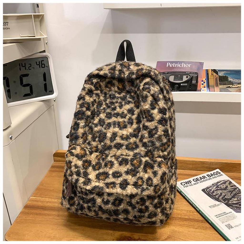 Y2K Vintage Plush Leopard Print Backpack for Girls Large Capacity College Students Schoolbag Casual Portable Ladies Shoulder Bag